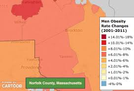 Map showing men's obesity rate changes around Brockton and Norfolk County from 2001 to 2011