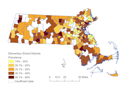 Map of Massachusetts elementary school districts shaded by obesity prevalence