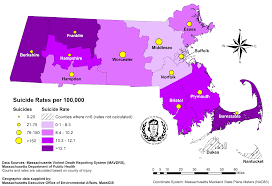 Map of Massachusetts shaded by suicide rate per 100,000 people